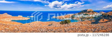 Lindos, Rhodes. Beautiful Lindos Beach, amazing place in Greek Islands, Aeagean Sea. 117246286