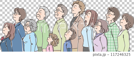 色々な年代の人物_横向き_キリッと上を見上げる_12人一列並び 117246325
