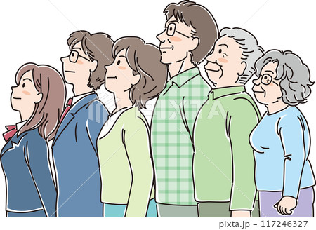 色々な年代の人物_横向き_ キリっと上を見上げる_3世代6人家族_高校生_両親_祖父母 色々な年代の人物_横向き_ キリっと上を見上げる_3世代6人家族_高校生_両親_祖父母 117246327