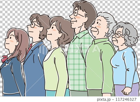 色々な年代の人物_横向き_ キリっと上を見上げる_3世代6人家族_高校生_両親_祖父母 色々な年代の人物_横向き_ キリっと上を見上げる_3世代6人家族_高校生_両親_祖父母 117246327