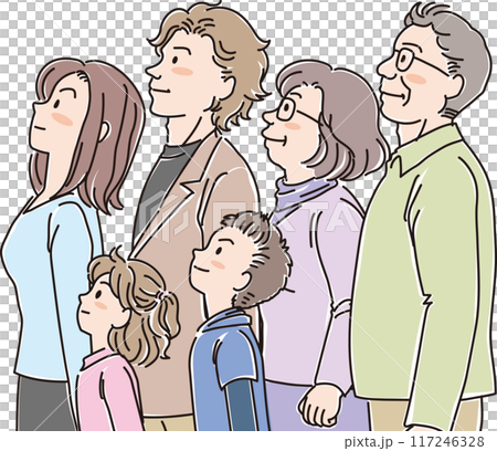 色々な年代の人物_横向き_キリッと上を見上げる_3世代6人家族_小学生_両親_祖父母 117246328