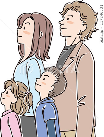 色々な年代の人物_横向き_キリッと上を見上げる_4人家族_小学生男女_両親 色々な年代の人物_横向き_キリッと上を見上げる_4人家族_小学生男女_両親 117246331