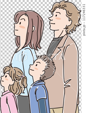 色々な年代の人物_横向き_キリッと上を見上げる_4人家族_小学生男女_両親 色々な年代の人物_横向き_キリッと上を見上げる_4人家族_小学生男女_両親 117246331
