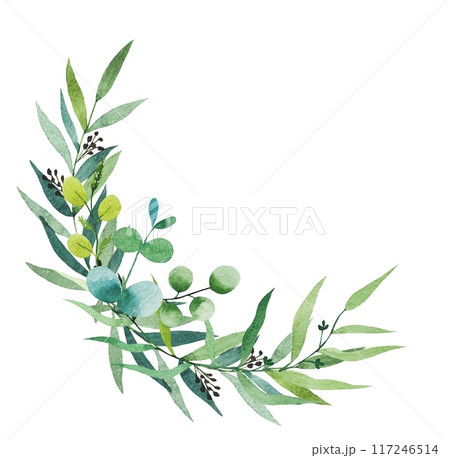 Bouquet of watercolor foliage. Eucalyptus branches. Hand drawn botanical illustration Bouquet of watercolor foliage. Eucalyptus branches. Hand drawn botanical illustration 117246514