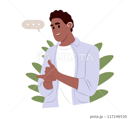 Joyful African American man uses a hearing aid and experiencing sound. Person who has lost her hearing uses sign language. Vector illustration. Joyful African American man uses a hearing aid and experiencing sound. Person who has lost her hearing uses sign language. Vector illustration. 117246530