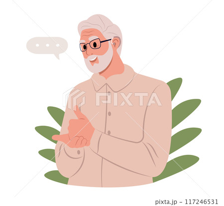 Joyful elderly man uses a hearing aid and experiencing sound. Elderly person who has lost her hearing uses sign language. Vector illustration. Joyful elderly man uses a hearing aid and experiencing sound. Elderly person who has lost her hearing uses sign language. Vector illustration. 117246531