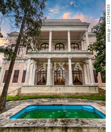 Historic Ottoman 19th century Mecidiye Pavilion, located in Beykoz, Istanbul, Turkey, with a large fountain in front 117246839