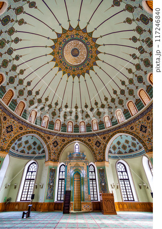 Interior of Taza Pir Mosque in Baku, Azerbaijan, with ornate dome and intricate architecture 117246840