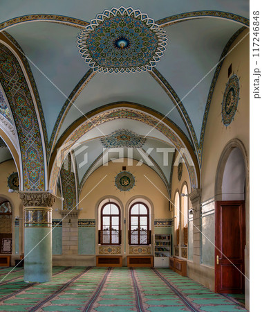 Interior View of Icherisheher Juma Mosque in Baku, Azerbaijan, With Distinctive Arches and Colorful Decorations 117246848