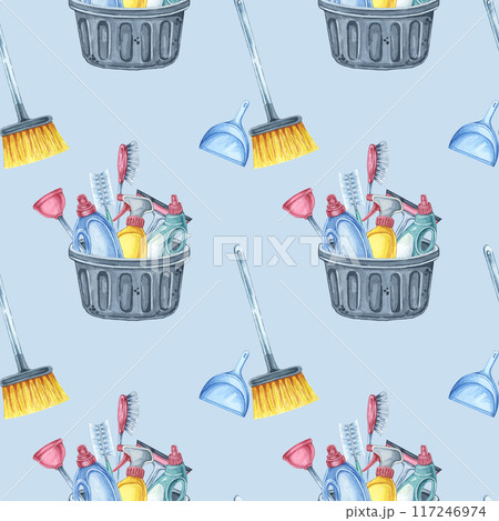 Cleaning tools seamless pattern. Broom, dustpan, and bucket with assorted cleaning items on a light blue background. This Watercolor clipart is great for wallpaper, fabric prints, and home decor Cleaning tools seamless pattern. Broom, dustpan, and bucket with assorted cleaning items on a light blue background. This Watercolor clipart is great for wallpaper, fabric prints, and home decor 117246974
