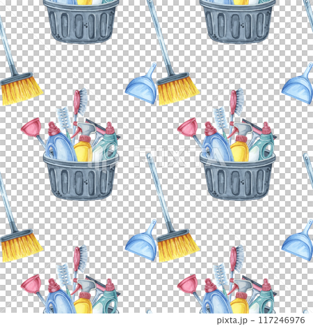 Cleaning tools seamless pattern depicting a broom, dustpan, and bucket with various cleaning supplies. This hand drawn watercolor clipart is ideal for home decor, textile design, and stationery Cleaning tools seamless pattern depicting a broom, dustpan, and bucket with various cleaning supplies. This hand drawn watercolor clipart is ideal for home decor, textile design, and stationery 117246976