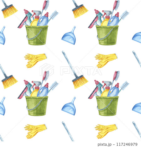 Cleaning tools seamless pattern watercolor clipart showcasing an assortment of cleaning buckets, gloves, and brooms. Ideal for use in maid service branding, printable planners, or kitchen textiles 117246979