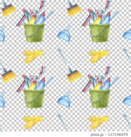 Cleaning tools seamless pattern watercolor clipart showcasing an assortment of cleaning buckets, gloves, and brooms. Ideal for use in maid service branding, printable planners, or kitchen textiles 117246979