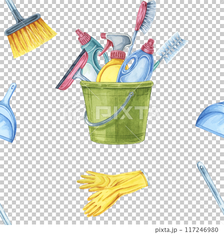 Cleaning tools seamless pattern featuring buckets filled with brushes and sprays, gloves and dustpans. Watercolor clipart for creating cleaning supply labels, home care blogs, or promotional materials 117246980
