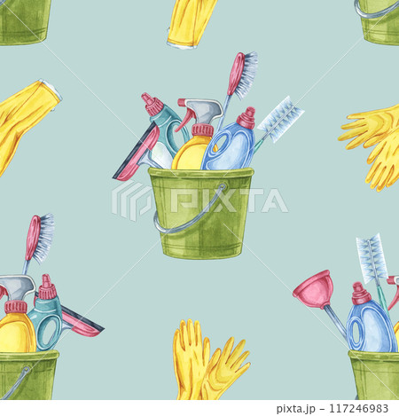Cleaning tools seamless pattern showcasing a variety of cleaning items like brushes, gloves, and green buckets. watercolor clipart for designing housekeeping flyers, product labels, or kitchen decor Cleaning tools seamless pattern showcasing a variety of cleaning items like brushes, gloves, and green buckets. watercolor clipart for designing housekeeping flyers, product labels, or kitchen decor 117246983