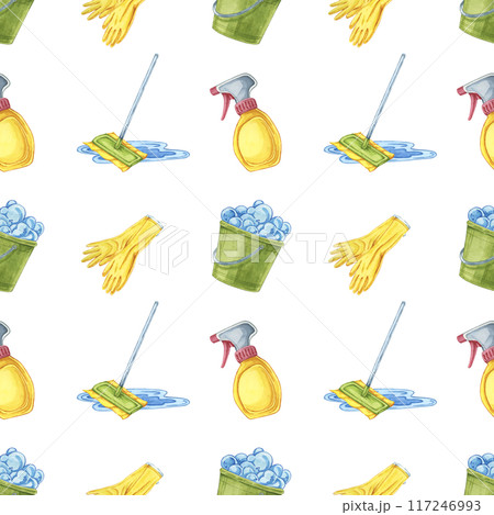 Seamless pattern with buckets, gloves, and spray bottles in watercolor. Clipart for educational posters on cleanliness, product packaging, and custom wallpapers for cleaning-themed designs Seamless pattern with buckets, gloves, and spray bottles in watercolor. Clipart for educational posters on cleanliness, product packaging, and custom wallpapers for cleaning-themed designs 117246993