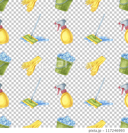 Seamless pattern with buckets, gloves, and spray bottles in watercolor. Clipart for educational posters on cleanliness, product packaging, and custom wallpapers for cleaning-themed designs Seamless pattern with buckets, gloves, and spray bottles in watercolor. Clipart for educational posters on cleanliness, product packaging, and custom wallpapers for cleaning-themed designs 117246993