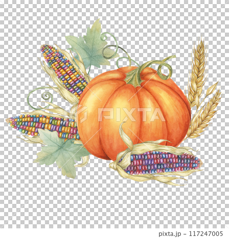 Orange pumpkin with multicolored corn cobs and golden wheat stalks, accented by green leaves. Clipart for festive fall decorations, Thanksgiving table settings, and harvest festival marketing Orange pumpkin with multicolored corn cobs and golden wheat stalks, accented by green leaves. Clipart for festive fall decorations, Thanksgiving table settings, and harvest festival marketing 117247005