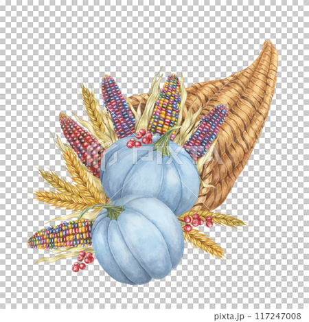 Cornucopia filled with pumpkins, multicolored corn cobs, wheat stalks, and berries. Horn of plenty Watercolor clipart for Thanksgiving decor, autumn-themed and harvest festival designs, seasonal cards Cornucopia filled with pumpkins, multicolored corn cobs, wheat stalks, and berries. Horn of plenty Watercolor clipart for Thanksgiving decor, autumn-themed and harvest festival designs, seasonal cards 117247008