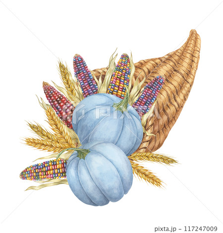 Cornucopia clipart overflowing with pumpkins, multicolored corn cobs, wheat stalks. Watercolor design element for Thanksgiving and autumn projects, greeting cards, posters, kitchen decor, scrapbooking Cornucopia clipart overflowing with pumpkins, multicolored corn cobs, wheat stalks. Watercolor design element for Thanksgiving and autumn projects, greeting cards, posters, kitchen decor, scrapbooking 117247009