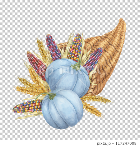 Cornucopia clipart overflowing with pumpkins, multicolored corn cobs, wheat stalks. Watercolor design element for Thanksgiving and autumn projects, greeting cards, posters, kitchen decor, scrapbooking Cornucopia clipart overflowing with pumpkins, multicolored corn cobs, wheat stalks. Watercolor design element for Thanksgiving and autumn projects, greeting cards, posters, kitchen decor, scrapbooking 117247009