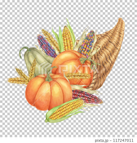 Cornucopia clipart overflowing with pumpkins, multicolored corn cobs, wheat stalks. Watercolor design element for Thanksgiving and autumn projects, greeting cards, posters, kitchen decor, scrapbooking Cornucopia clipart overflowing with pumpkins, multicolored corn cobs, wheat stalks. Watercolor design element for Thanksgiving and autumn projects, greeting cards, posters, kitchen decor, scrapbooking 117247011