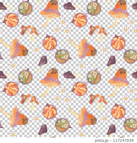Retro groovy seamless pattern with mushrooms, daisies and glasses in watercolor. Vintage floral hippie fungi textile ornament clipart. Hand drawn nostalgic print for clothing, paper, scrapbooking 117247039
