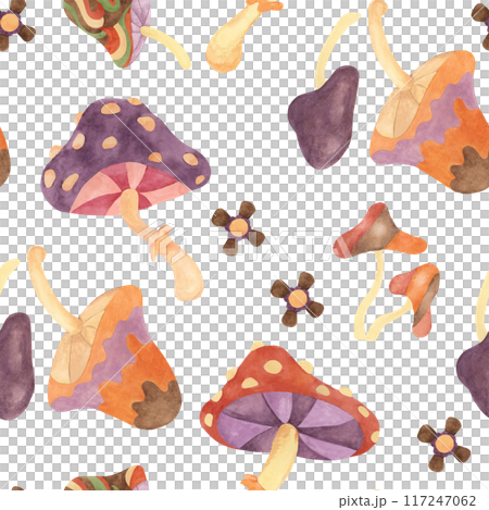Retro groovy seamless pattern with mushrooms and flowers in watercolor. Vintage hippie fungi textile ornament clipart. Hand drawn fly agaric nostalgic print for clothing, wrapping, scrapbooking 117247062