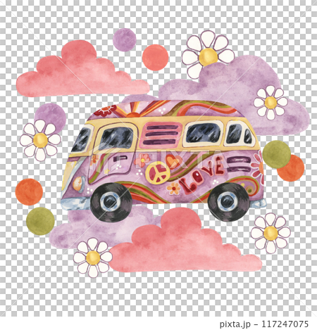 pink purple clouds, groovy hippie camper van and daisies. Print tee with flowers. Retro Trippy bus car for road trip in 70s, 60s style. Nostalgic clipart. Hand drawn vintage graphic t shirt 117247075