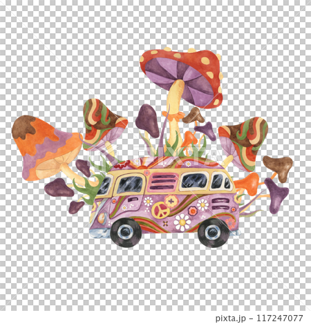 Trippy mushrooms, groovy hippie camper van mycophile print tee. Retro bus, fly agarics magic fungi in 1970s -1960s style . Nostalgic mycology fashion clipart. Hand drawn vintage graphic t shirt 117247077