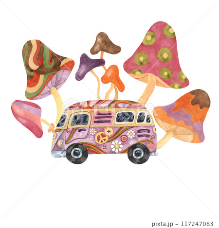 Trippy mushrooms, groovy hippie camper van mycophile print tee. Retro bus, fly agarics magic fungi in 1970s -1960s style . Nostalgic mycology fashion clipart. Hand drawn vintage graphic t shirt 117247083