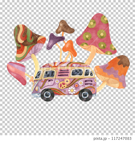 Trippy mushrooms, groovy hippie camper van mycophile print tee. Retro bus, fly agarics magic fungi in 1970s -1960s style . Nostalgic mycology fashion clipart. Hand drawn vintage graphic t shirt 117247083