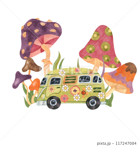 Trippy mushrooms, groovy hippie camper van mycophile print tee. Retro bus, fly agarics magic fungi in 1970s -1960s style . Nostalgic mycology fashion clipart. Hand drawn vintage graphic t shirt 117247084