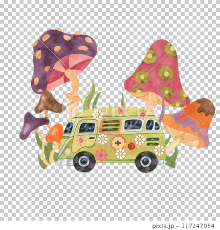 Trippy mushrooms, groovy hippie camper van mycophile print tee. Retro bus, fly agarics magic fungi in 1970s -1960s style . Nostalgic mycology fashion clipart. Hand drawn vintage graphic t shirt 117247084