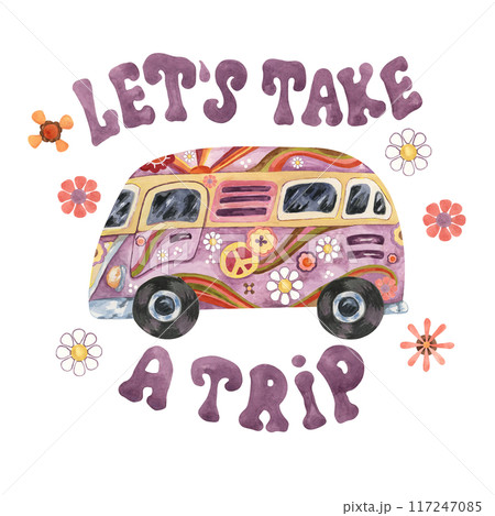 Trippy mushrooms, groovy hippie camper van and let's take a trip slogan print tee with flowers. Retro bus car for road trip in 70s, 60s style. Nostalgic clipart. Hand drawn vintage graphic t shirt 117247085