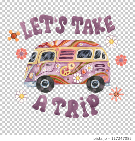 Trippy mushrooms, groovy hippie camper van and let's take a trip slogan print tee with flowers. Retro bus car for road trip in 70s, 60s style. Nostalgic clipart. Hand drawn vintage graphic t shirt 117247085