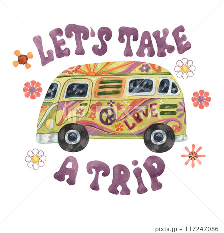 Trippy mushrooms, groovy hippie camper van and let's take a trip slogan print tee with flowers. Retro bus car for road trip in 70s, 60s style. Nostalgic clipart. Hand drawn vintage graphic t shirt 117247086