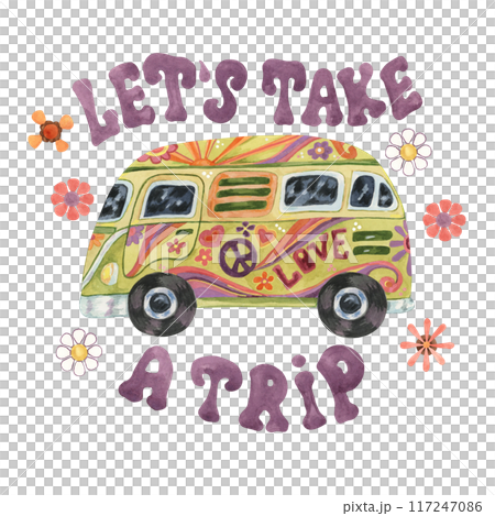 Trippy mushrooms, groovy hippie camper van and let's take a trip slogan print tee with flowers. Retro bus car for road trip in 70s, 60s style. Nostalgic clipart. Hand drawn vintage graphic t shirt 117247086
