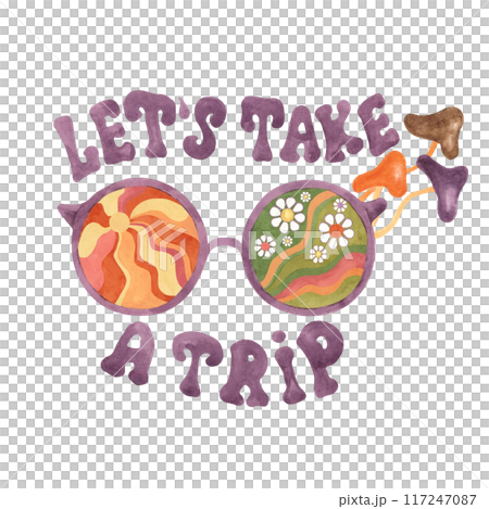 Trippy mushrooms, groovy hippie sunglasses and let's take a trip slogan print tee with sun and daisies. Retro round psychedelic eyewear in 70s, 60s style. Nostalgic clipart. Hand drawn graphic t shirt 117247087