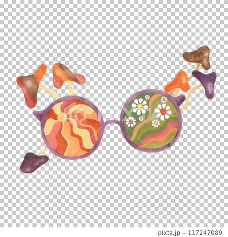 Trippy mushrooms, groovy hippie sunglasses design for print tee with sun and daisies. Retro round psychedelic eyewear in 1970s style poster. Nostalgic clipart indie aesthetic. Hand drawn graphic t Trippy mushrooms, groovy hippie sunglasses design for print tee with sun and daisies. Retro round psychedelic eyewear in 1970s style poster. Nostalgic clipart indie aesthetic. Hand drawn graphic t 117247089
