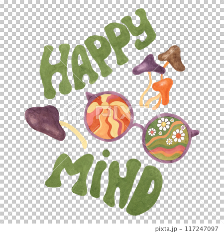 Trippy mushrooms, groovy hippie sunglasses and happy mind slogan print tee with sun and daisies. Retro round psychedelic eyewear in 1970s style. Nostalgic clipart. Hand drawn graphic t shirt poster 117247097