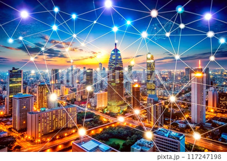 Virtual mental bonding.Night shining city in lights and network connection 117247198