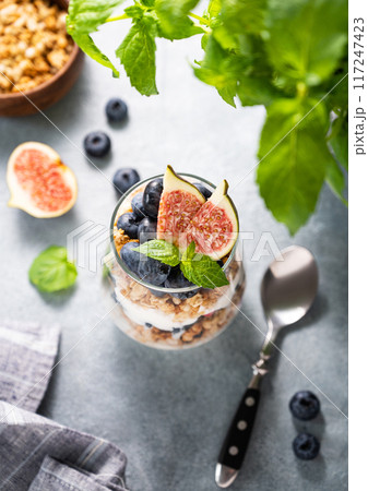 Delicious natural yogurt with muesli, figs and berries in a glass on a blue background close up. Delicious natural yogurt with muesli, figs and berries in a glass on a blue background close up. 117247423