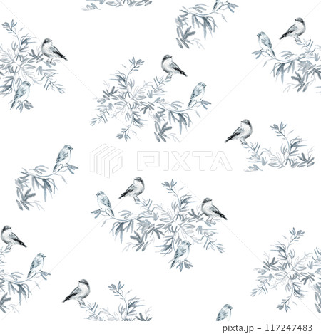 Pattern from birds singing on a branch. Watercolor composition with nightingales in monochrome siting on a graceful olive tree branch and singing . Isolate in black and blue colors on white background 117247483