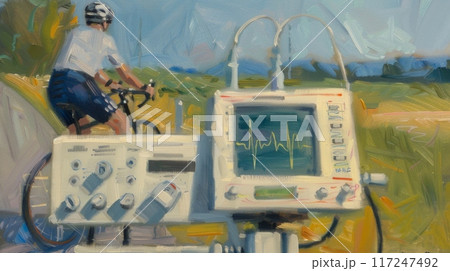 athlete cycles along a country road, their heart rate monitored by an electrocardiogram, as a vast summer sky stretches above. 117247492