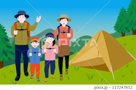 秋冬の山のキャンプ場の家族でアウトドアをする姿・親子でテント設営と登山を楽しむイメージイラスト 117247652