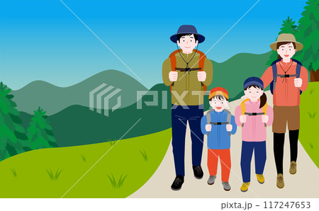子ども・キッズが楽しむ家族・親子での秋冬のアウトドアキャンプ・登山シーンをイメージしたイラスト 117247653