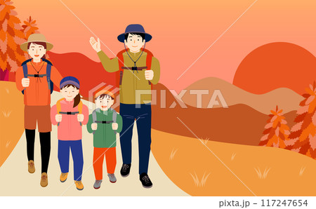 子ども・キッズが楽しむ家族・親子での秋冬の夕日・夕焼けのアウトドアキャンプ・登山シーンイラスト 子ども・キッズが楽しむ家族・親子での秋冬の夕日・夕焼けのアウトドアキャンプ・登山シーンイラスト 117247654