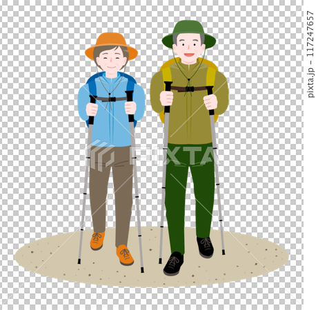 Elderly senior couple walking and enjoying outdoor mountain climbing and camping_Spring/summer image illustration 117247657