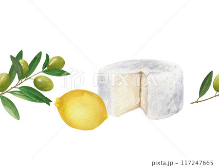 Seamless border with soft cheese, olive branch and lemon. Watercolor illustration on white background. For cards, design, fabric, textile, menu Seamless border with soft cheese, olive branch and lemon. Watercolor illustration on white background. For cards, design, fabric, textile, menu 117247665